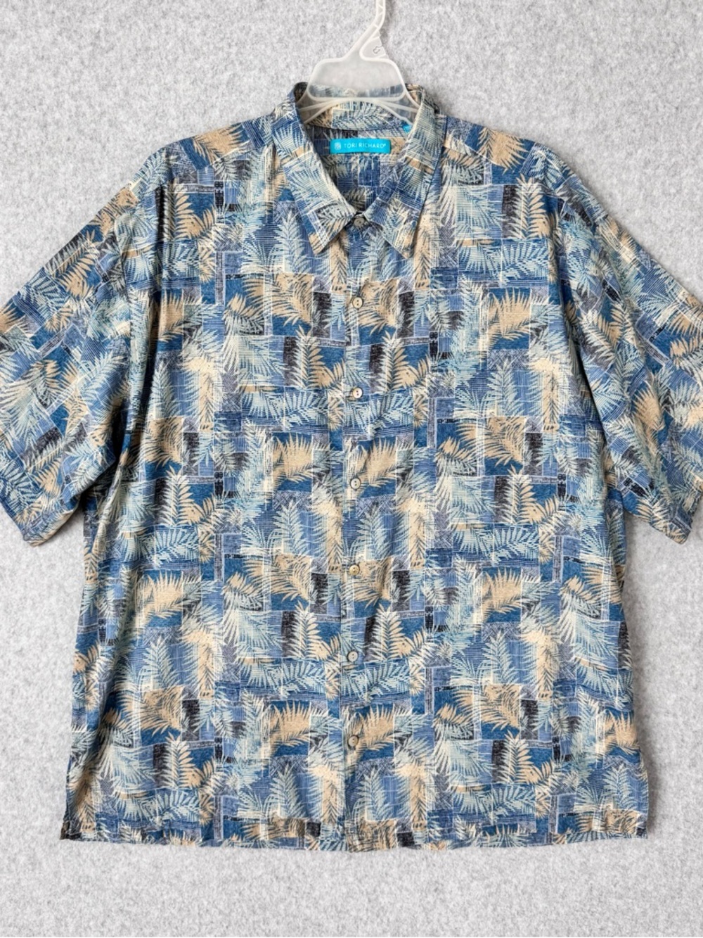 Tori Richard Shirt Mens XL Blue Palm Leaf Hawaiian Short Sleeve Button Up Cotton